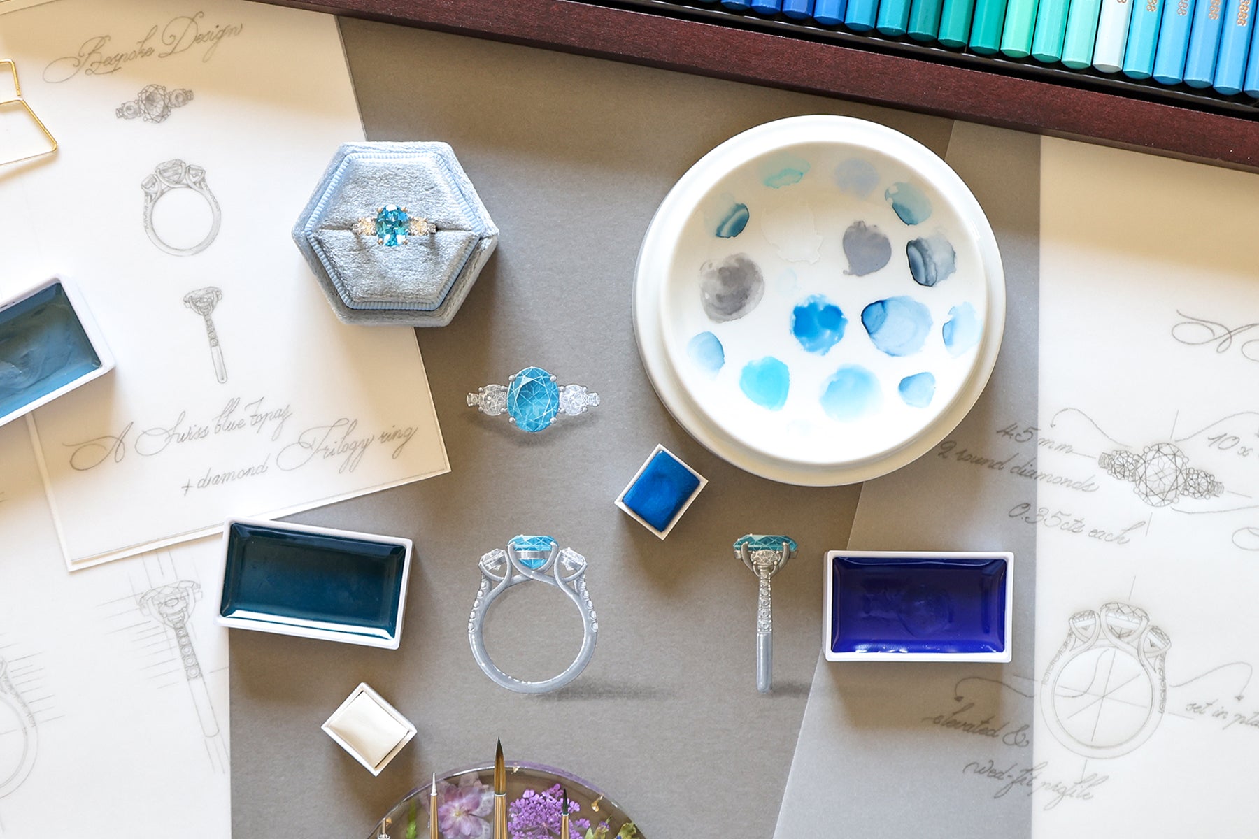 Gouache Painting & Sketch of Bespoke Platinum Blue Topaz & Diamond Trilogy Ring