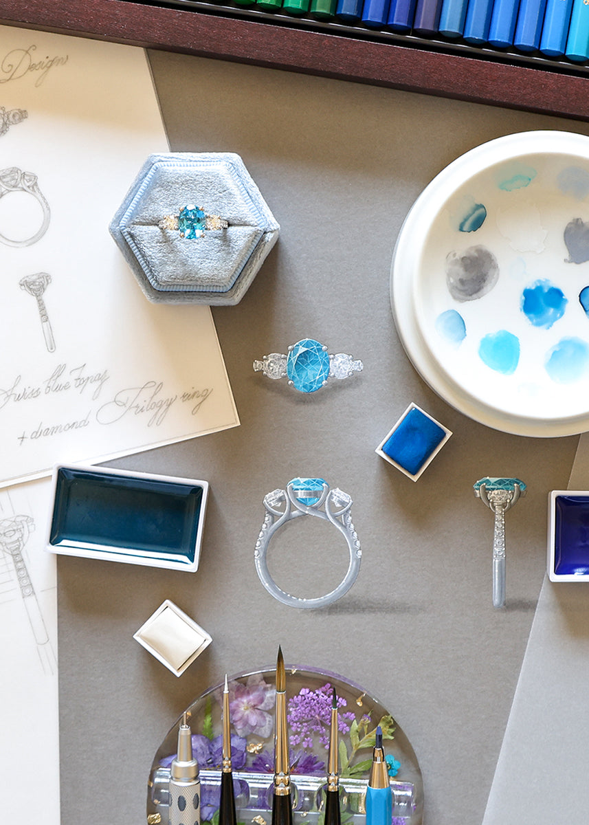 Gouache Painting & Sketch of Bespoke Platinum Blue Topaz & Diamond Trilogy Ring