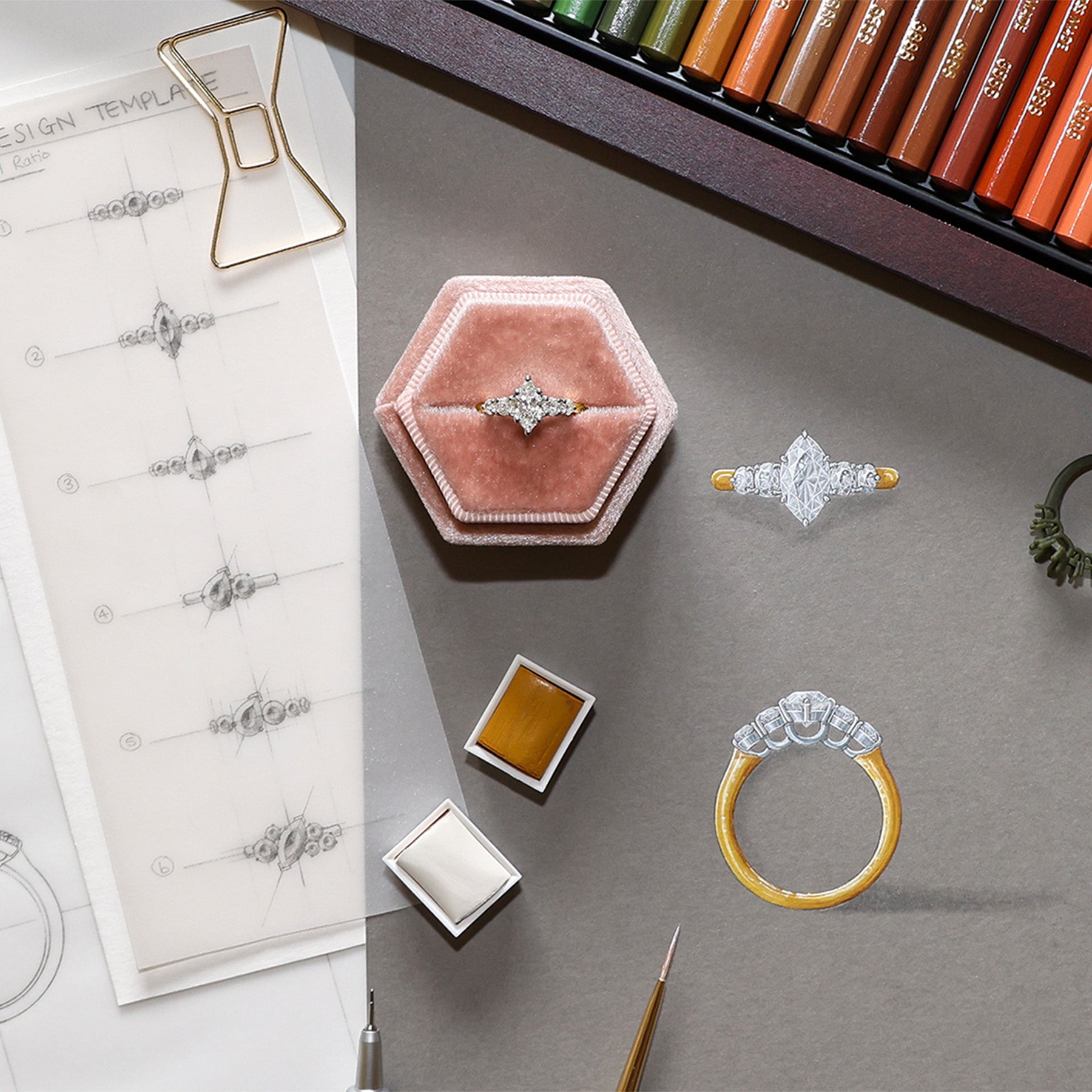 Sketch & Gouache Painting of Bespoke 18ct Yellow Gold & Platinum Marquise Diamond Five Stone Engagement Ring