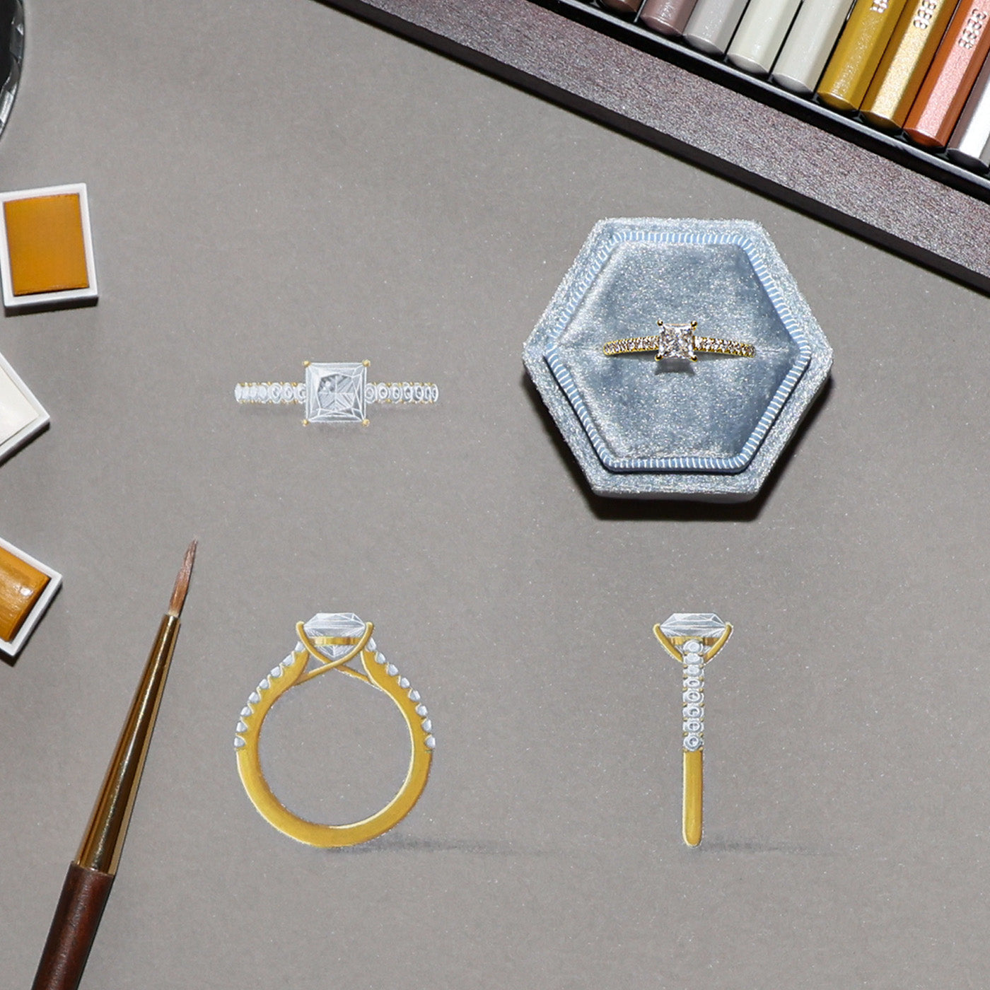 Gouache Painting of Bespoke 18ct Yellow Gold 1.21ct Princess Cut Diamond Solitaire Ring