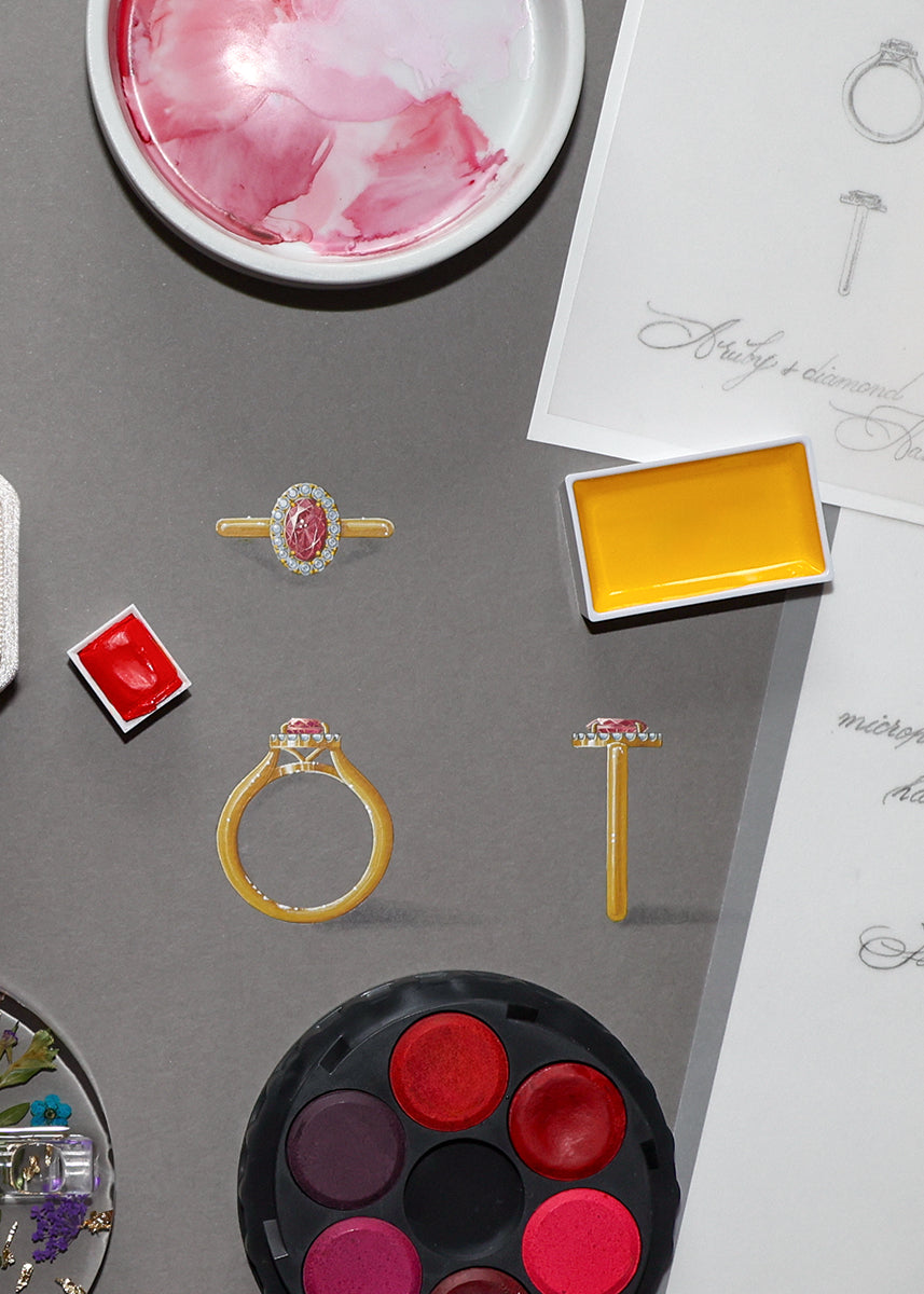 Gouache painting and sketch of a Ruby & Diamond Halo Ring