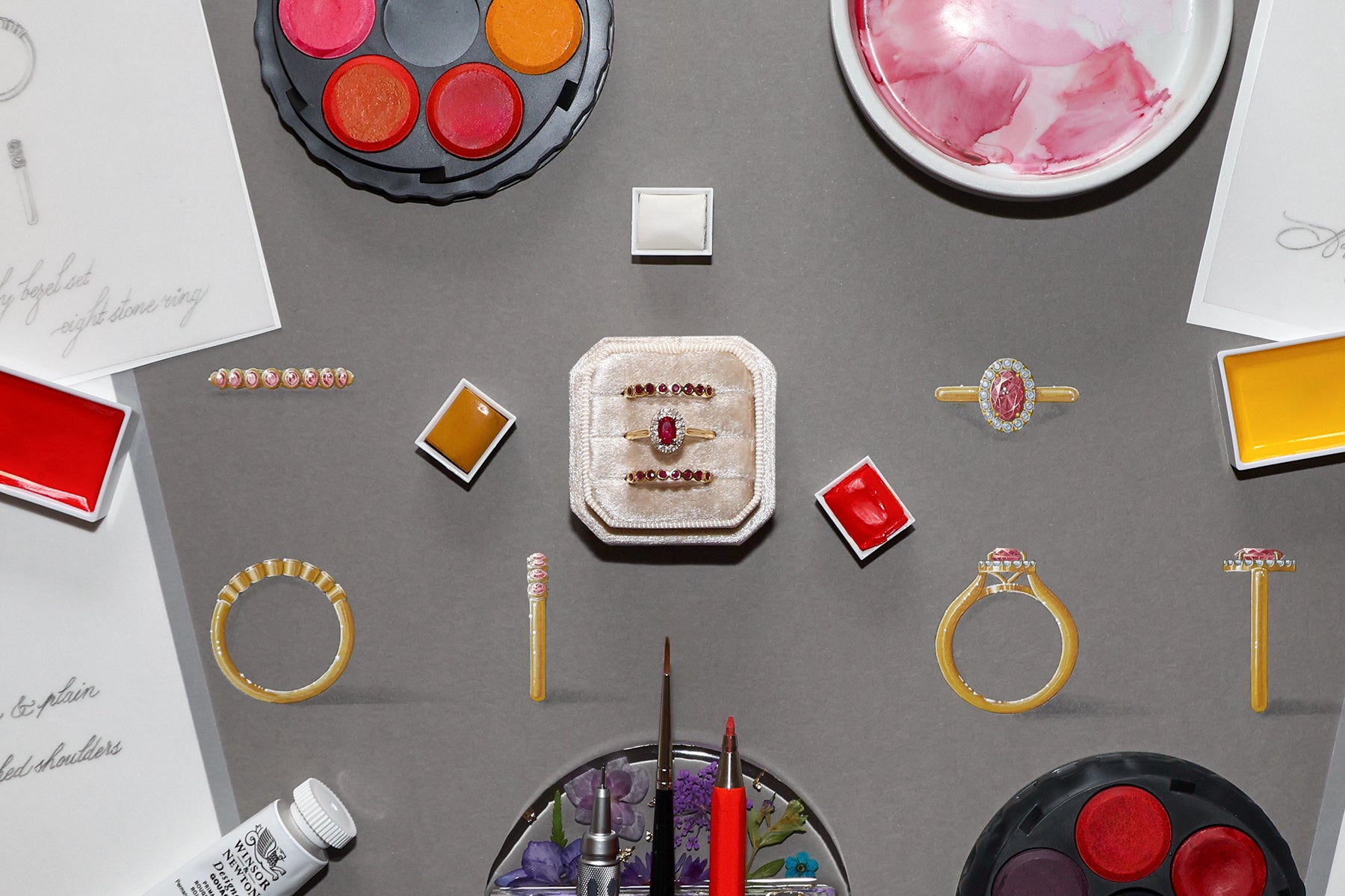 Gouache painting and sketch of a Ruby & Diamond Halo Ring & a Ruby Bezel Set Eternity Ring