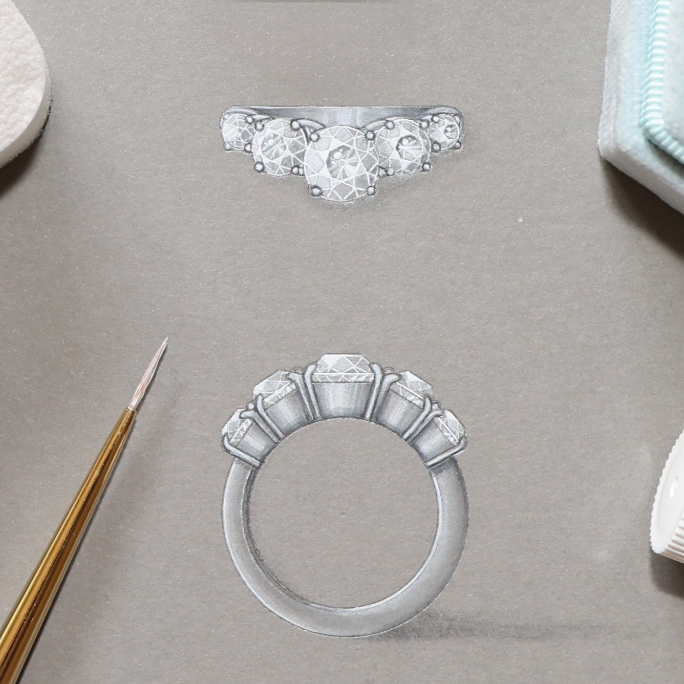 Gouache Painting of Bespoke Remodelling 5 Stone Diamond Ring