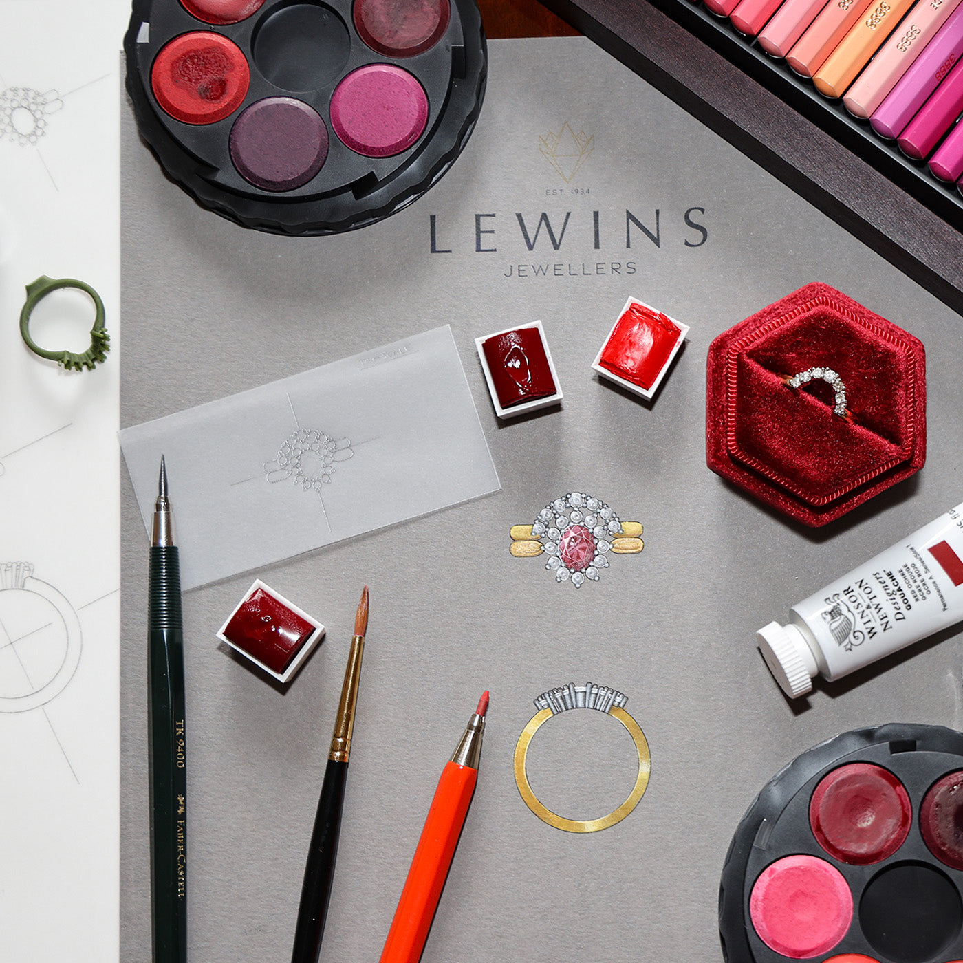 Sketch & Gouache Painting of Bespoke Curved 7 Stone Diamond Ring