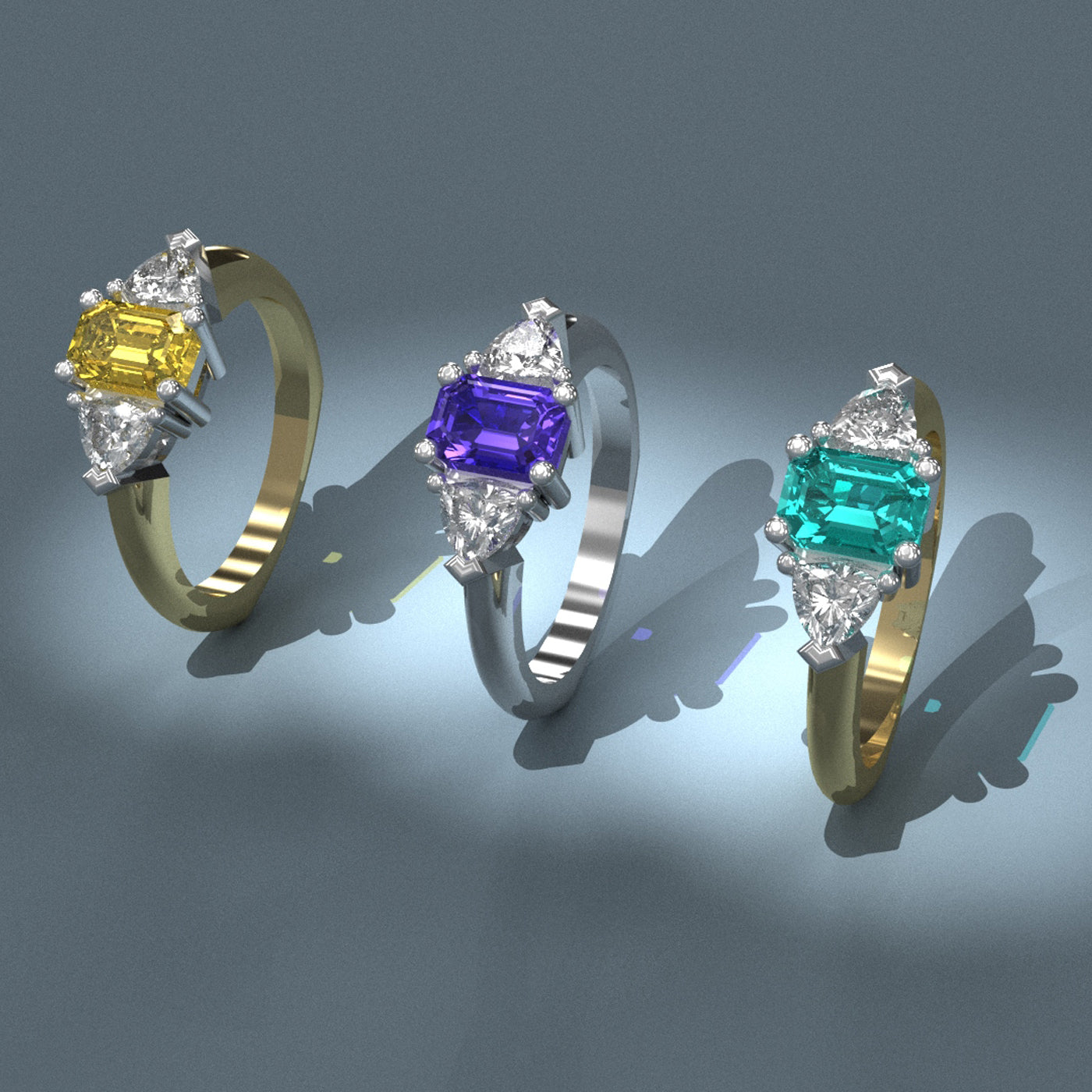 Bespoke CAD model trilogy rings in yellow and white metal.