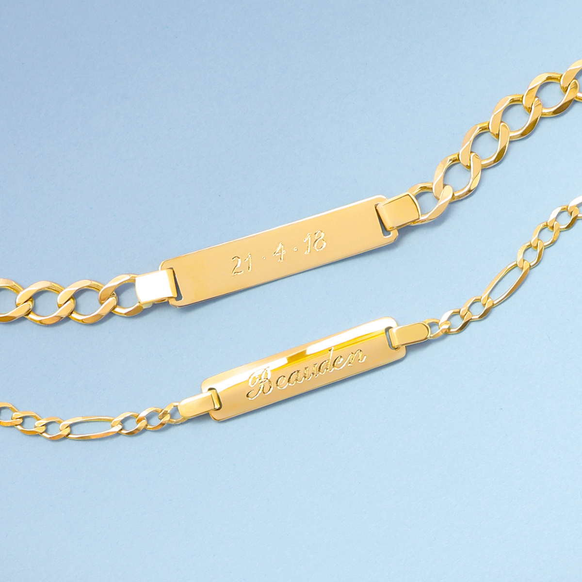 9ct Yellow Gold Curb & Figaro Link ID Baby Bracelets Engraved with Personalised Date & Name