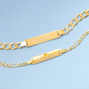 9ct Yellow Gold Curb & Figaro Link ID Baby Bracelets Engraved with Personalised Date & Name