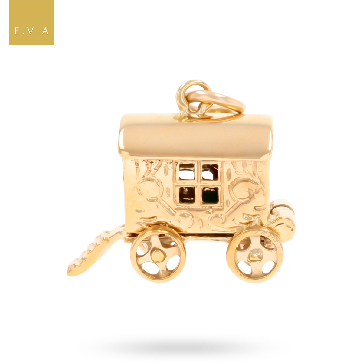 9ct Yellow Gold Gypsy Fortune Teller Wagon with Enamel Opening Charm
