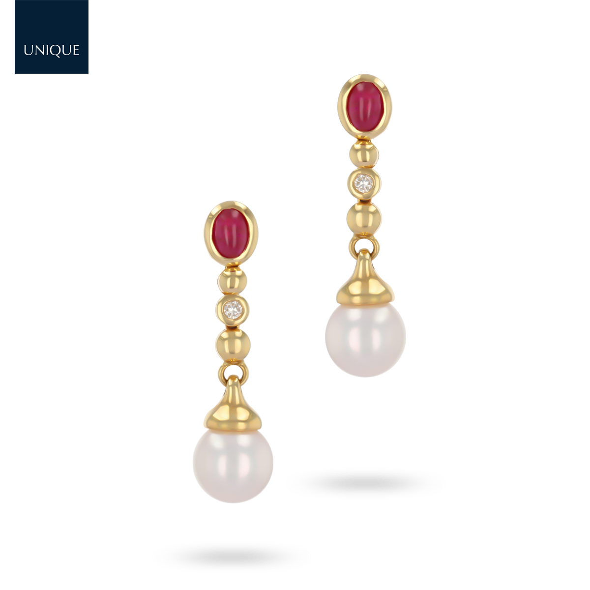 18ct Yellow Gold Ruby, Diamond & Pearl Drop Earrings