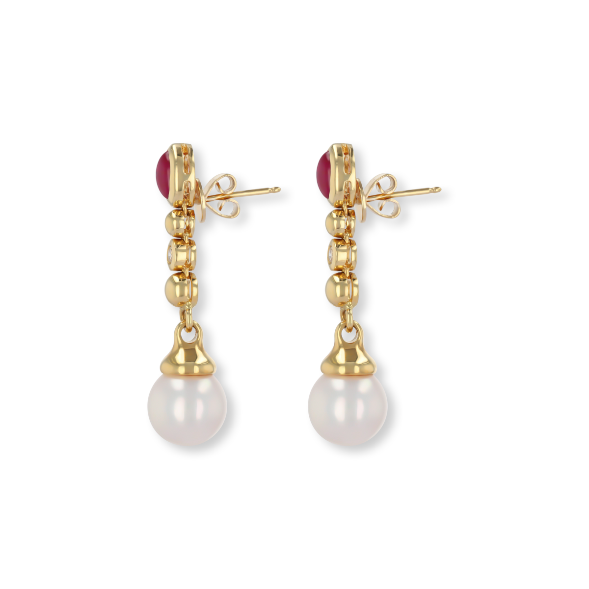 18ct Yellow Gold Ruby, Diamond & Pearl Drop Earrings