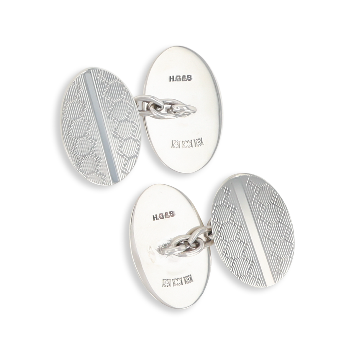 Sterling Silver Plain & Engine Turned Oval Cufflinks