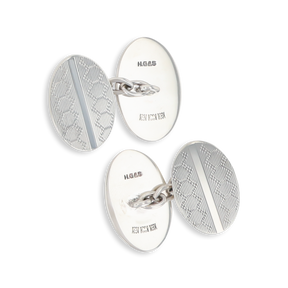 Sterling Silver Plain & Engine Turned Oval Cufflinks