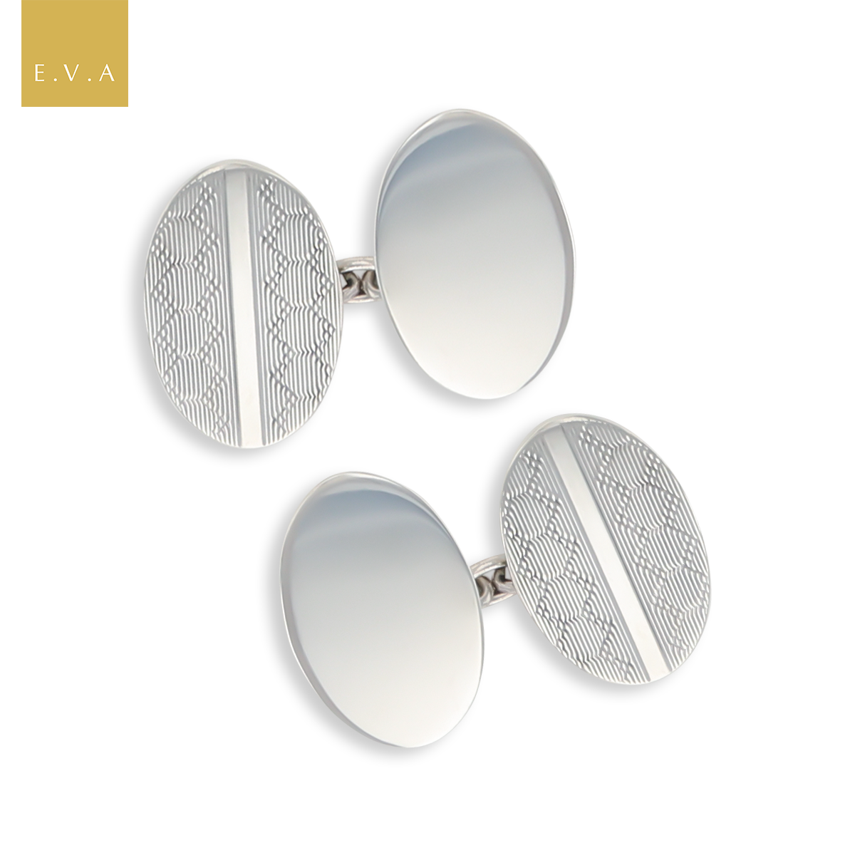 Sterling Silver Plain & Engine Turned Oval Cufflinks