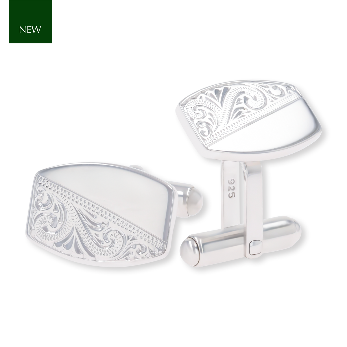 Sterling Silver Half Engraved Barrel Shaped Cufflinks