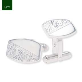 Sterling Silver Half Engraved Barrel Shaped Cufflinks