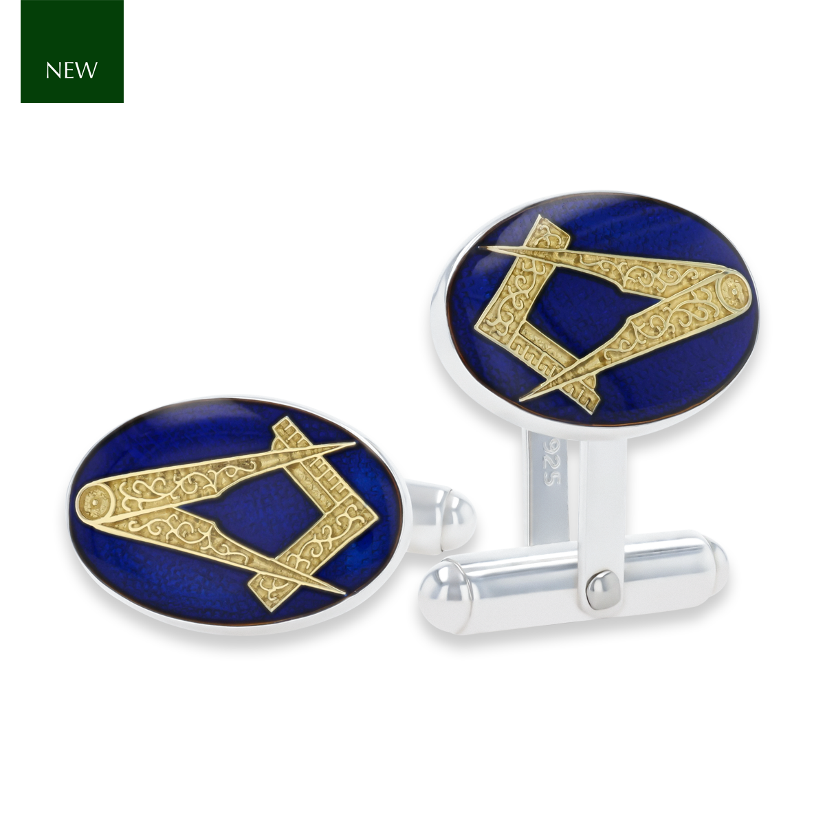 Sterling Silver Oval Masonic Cufflinks With Blue Enamel