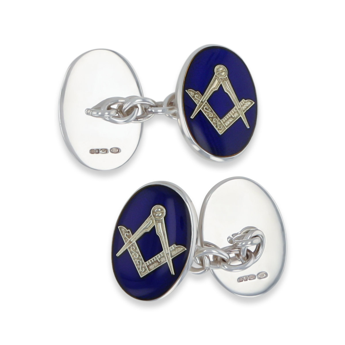 Sterling Silver Oval Blue Enamel Masonic Cufflinks With Chain Link