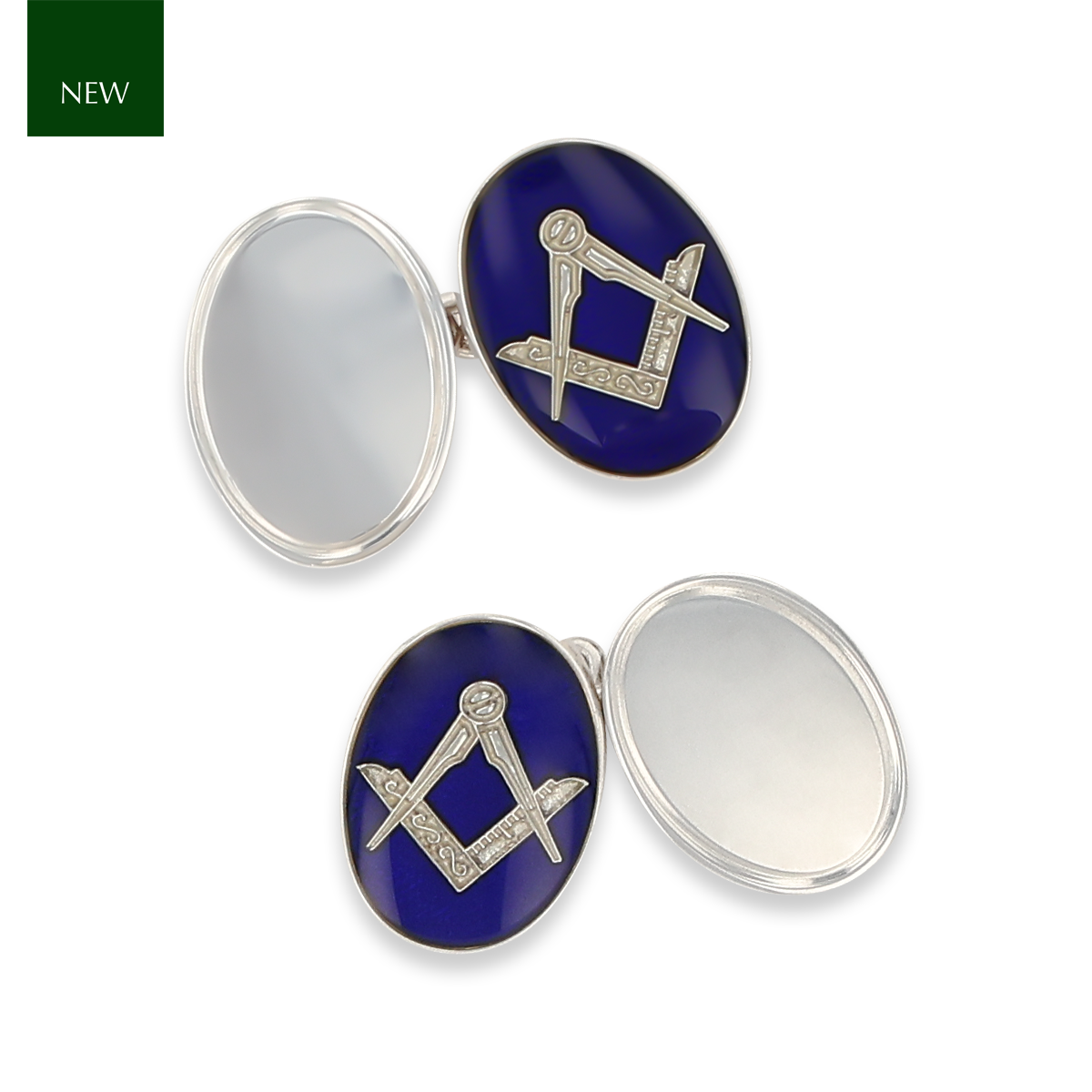 Sterling Silver Oval Blue Enamel Masonic Cufflinks With Chain Link