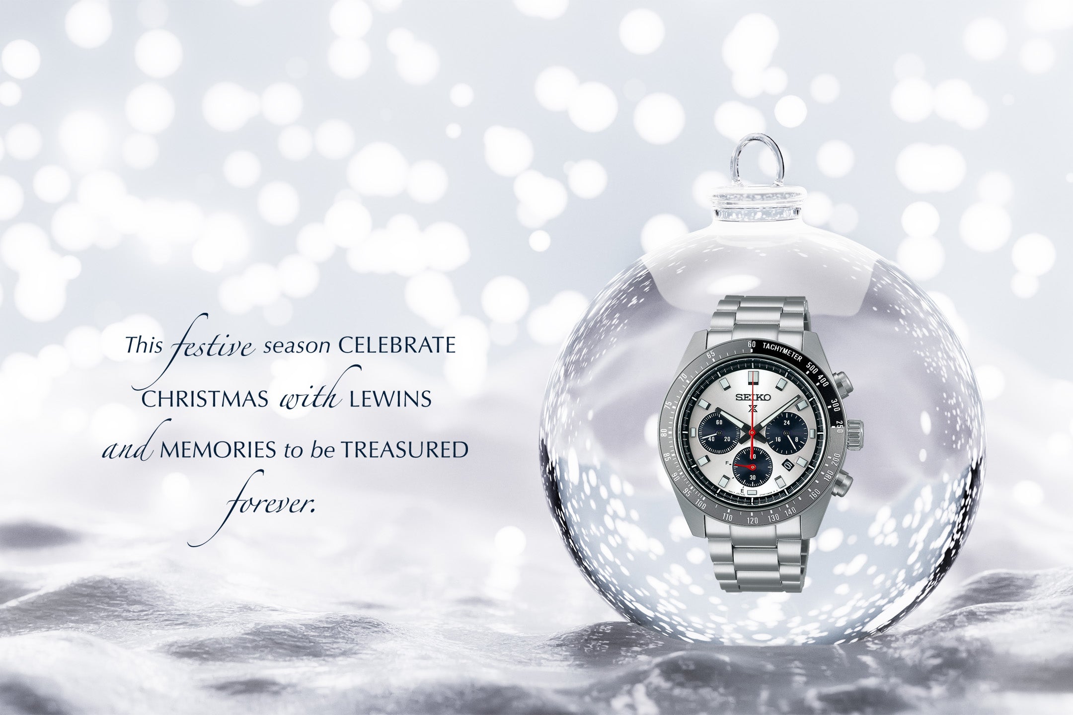 Seiko Prospex Speedtimer “Go Large” Solar Chronograph, White Dial with Stainless Steel Bracelet in Bauble on Snow Background