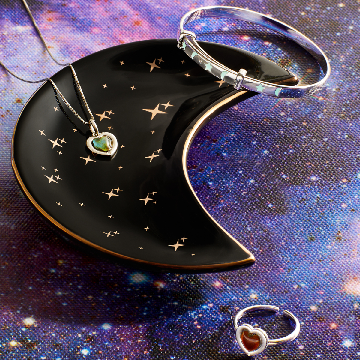 Recycled Sterling Silver Glow in the Dark Star & Moon Bangle with Diamond