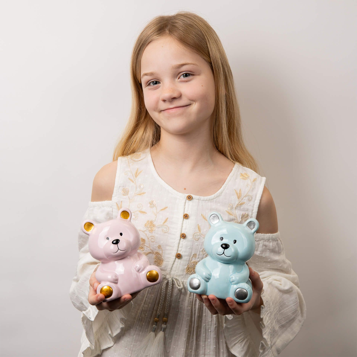 Ceramic Pink & Blue Teddy Money Box