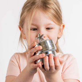 Model holds Silver Plated Pink Star Music Trinket Box with Crystal