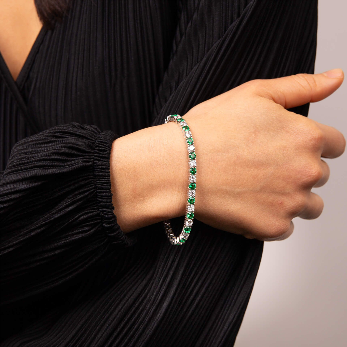 Model wear Sterling Silver Green Cubic Zirconia Tennis Bracelet