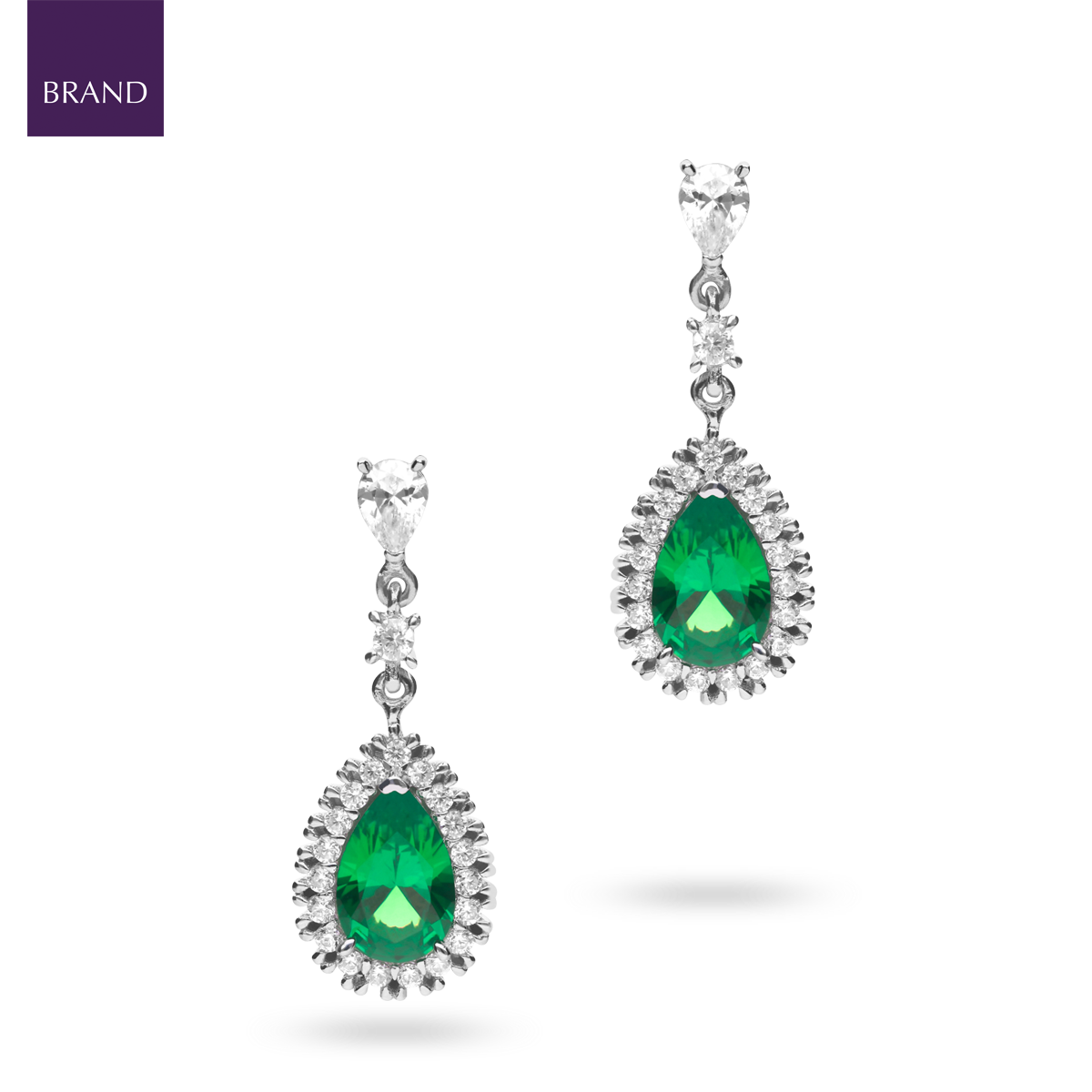 Sterling Silver Teardrop Green Cubic Zirconia With Pave Surround Drop Earrings