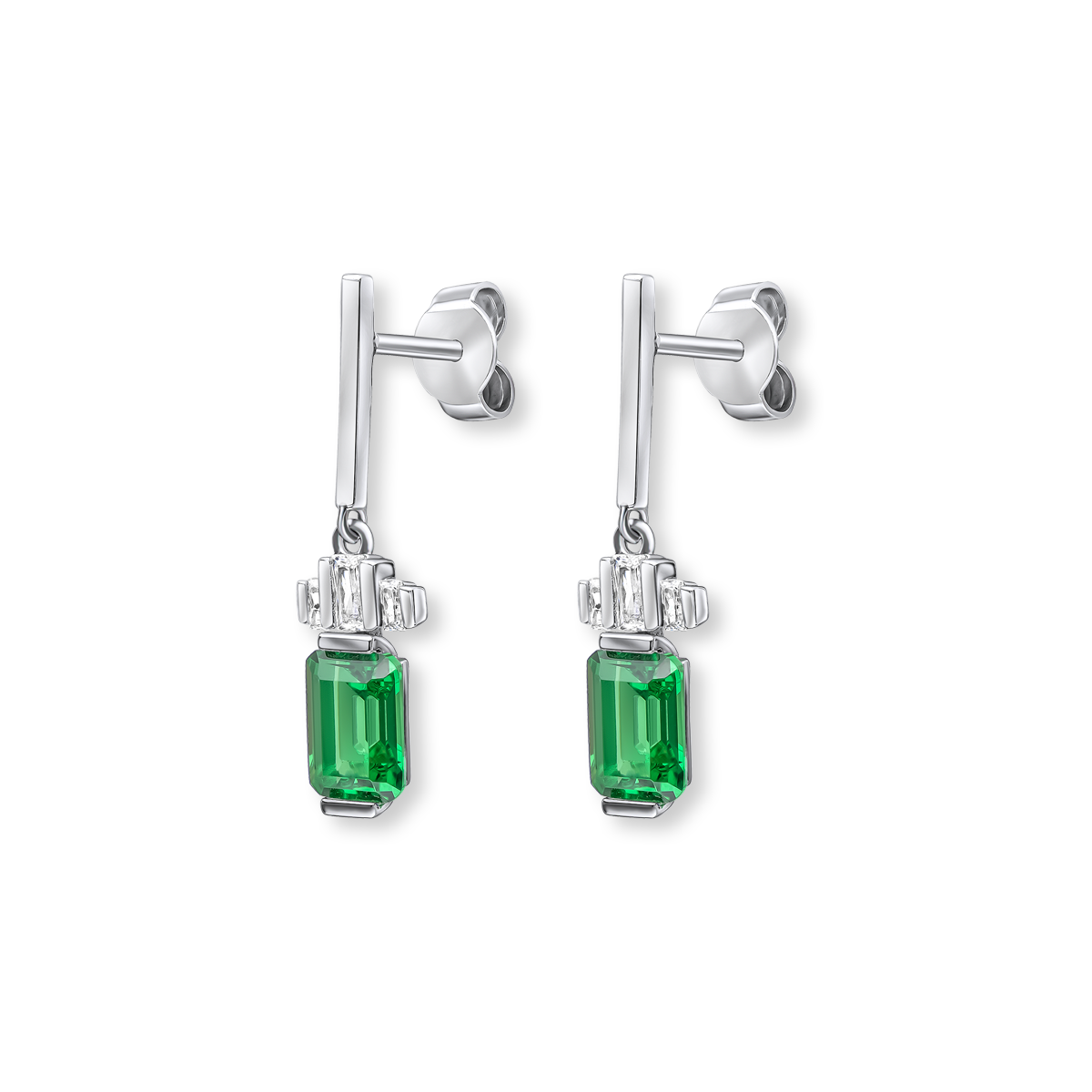 Sterling Silver Emerald Cut Green Cubic Zirconia Drop Earrings