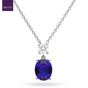 Sterling Silver Oval Shaped Blue Cubic Zirconia Drop Pendant & Chain