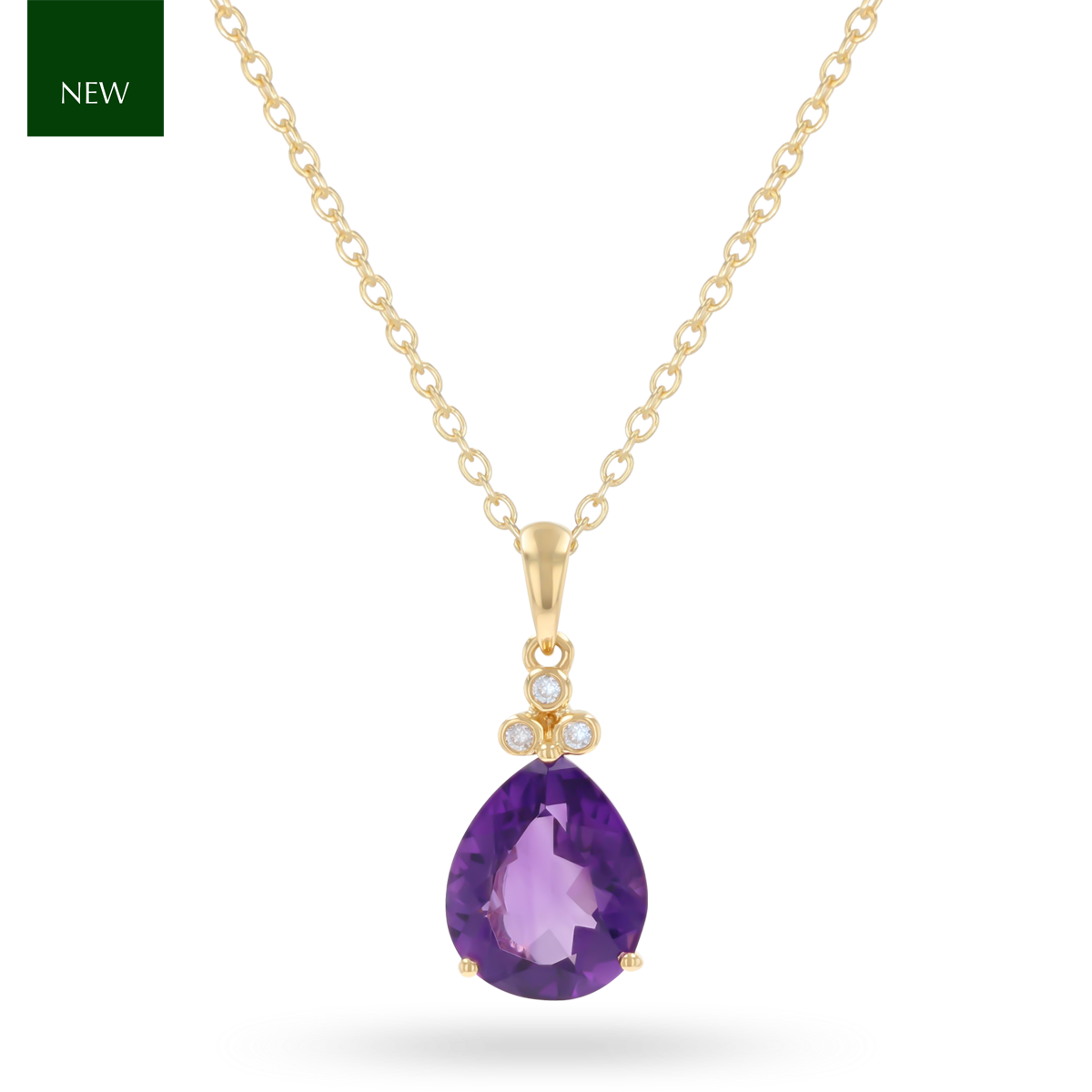 9ct Yellow Gold Pear Shaped Amethyst & Diamond Trefoil Pendant