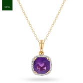 9ct Yellow Gold Cushion Shaped Amethyst & Diamond Halo Pendant