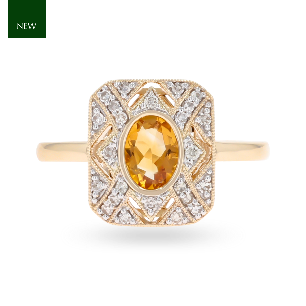 9ct Yellow Gold Citrine & Diamond Tablet Cluster Ring