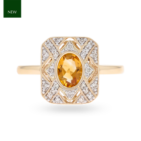 9ct Yellow Gold Citrine & Diamond Tablet Cluster Ring