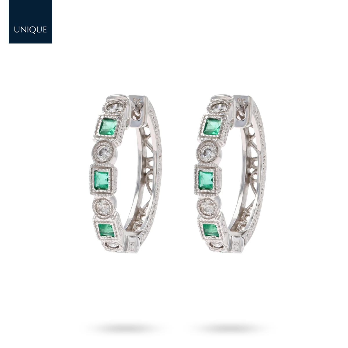 9ct White Gold Emerald & Diamond Half Set Hoop Earrings