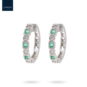 9ct White Gold Emerald & Diamond Half Set Hoop Earrings