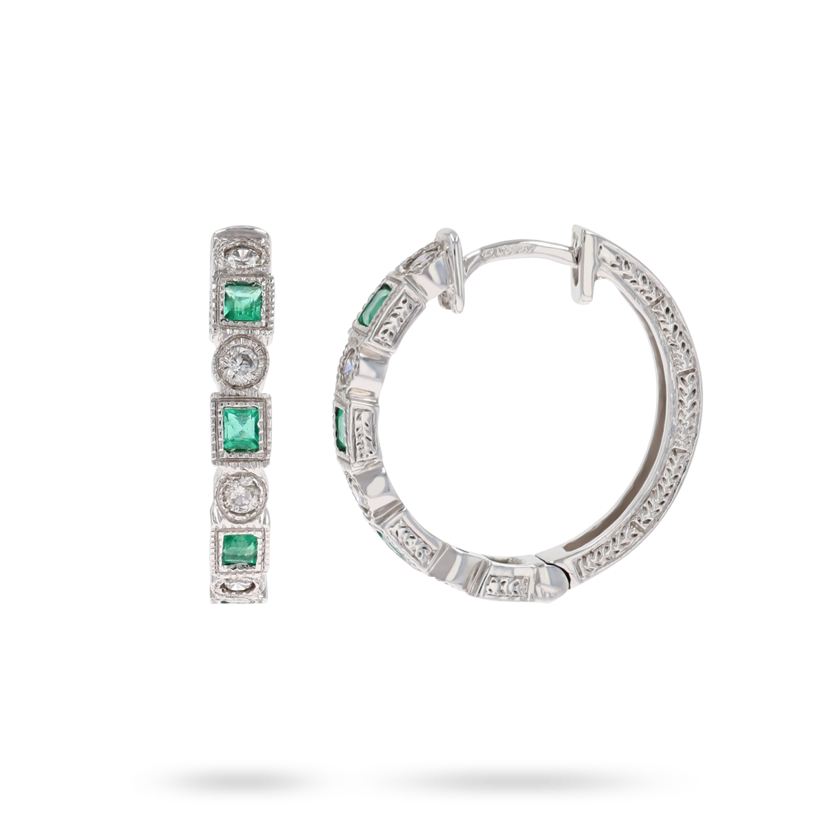 9ct White Gold Emerald & Diamond Half Set Hoop Earrings