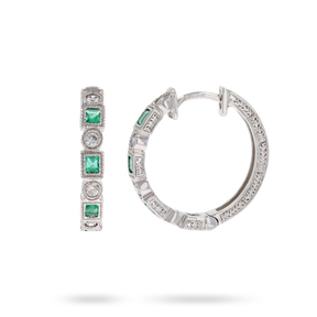 9ct White Gold Emerald & Diamond Half Set Hoop Earrings