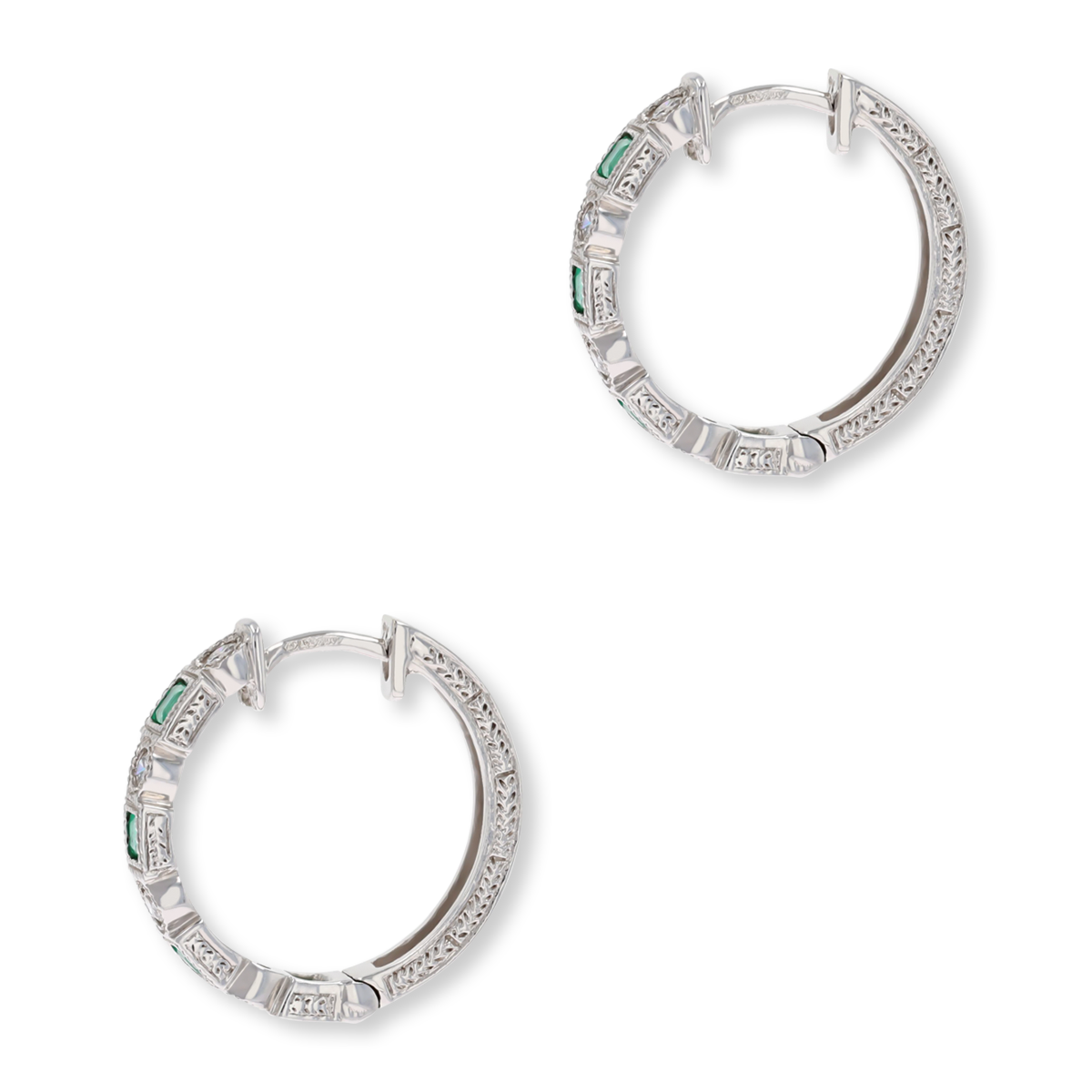 9ct White Gold Emerald & Diamond Half Set Hoop Earrings