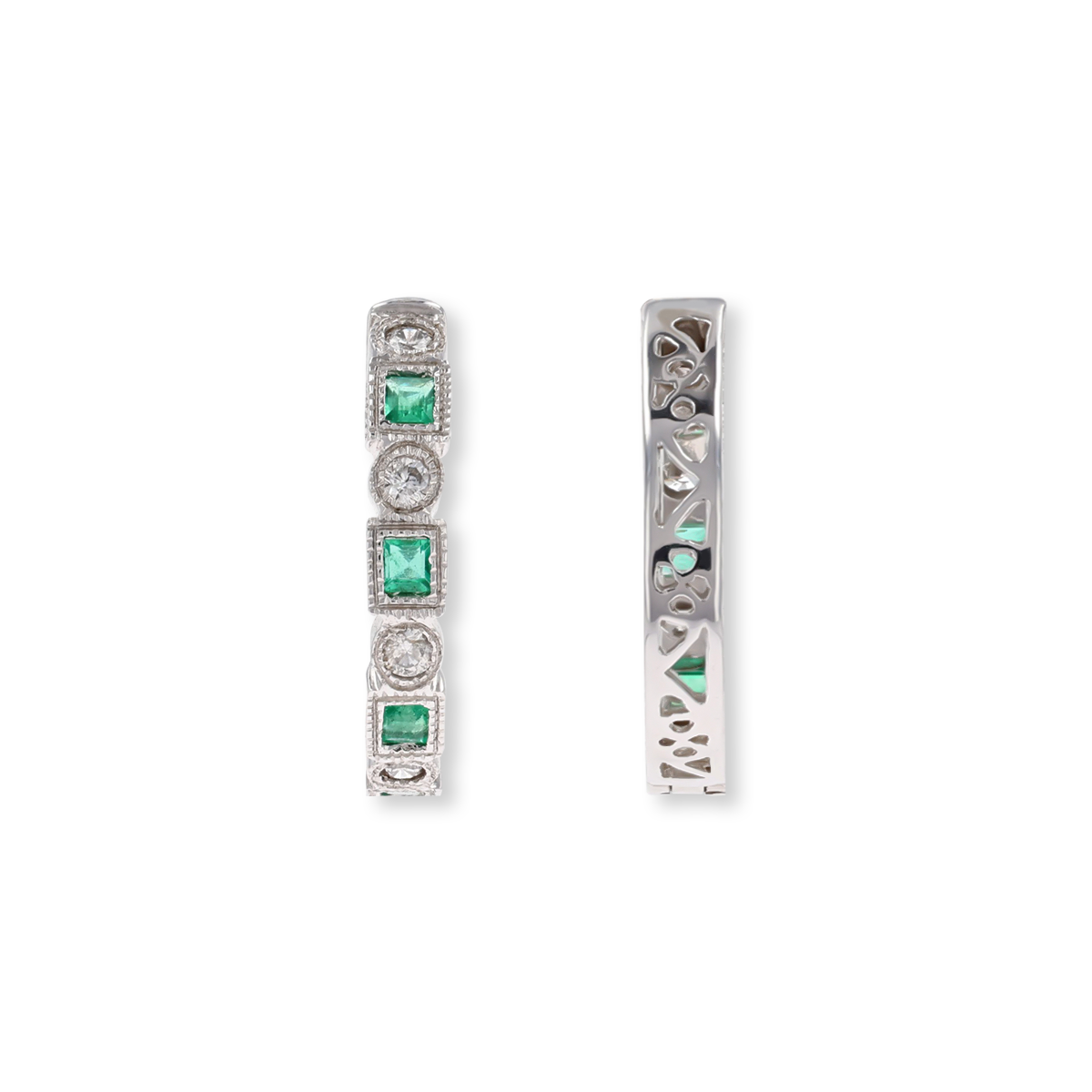 9ct White Gold Emerald & Diamond Half Set Hoop Earrings