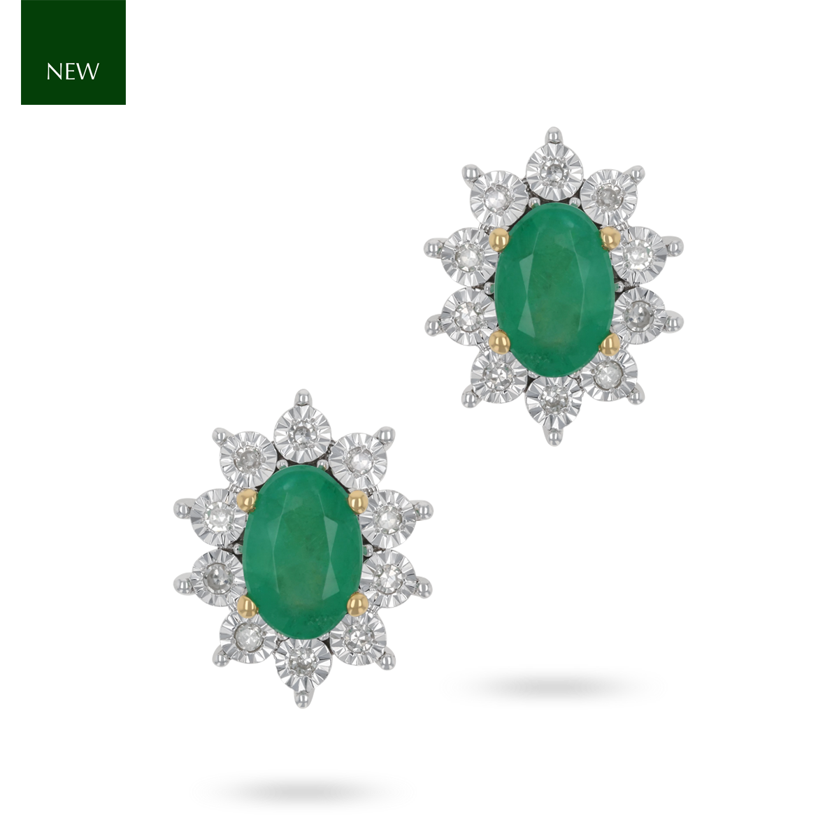 9ct Yellow Gold Emerald & Diamond Cluster Stud Earrings