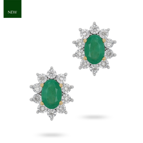 9ct Yellow Gold Emerald & Diamond Cluster Stud Earrings