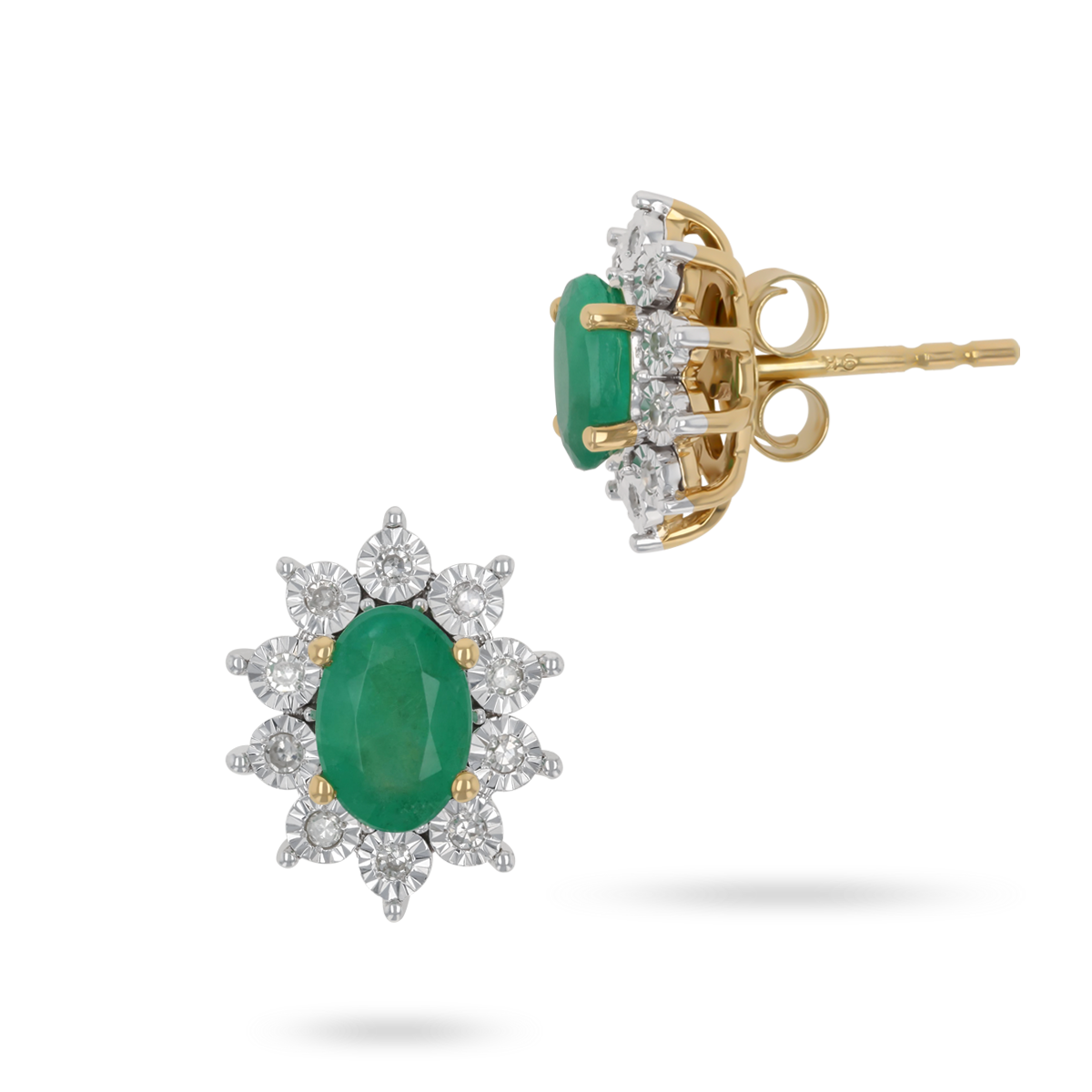 9ct Yellow Gold Emerald & Diamond Cluster Stud Earrings