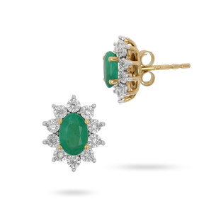 9ct Yellow Gold Emerald & Diamond Cluster Stud Earrings