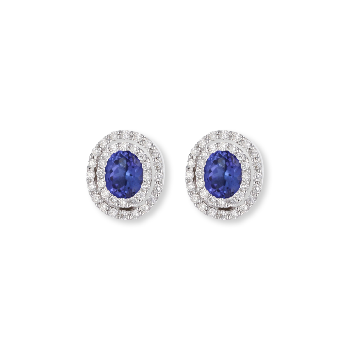 9ct White Gold Oval Tanzanite & Diamond Double Halo Stud Earrings