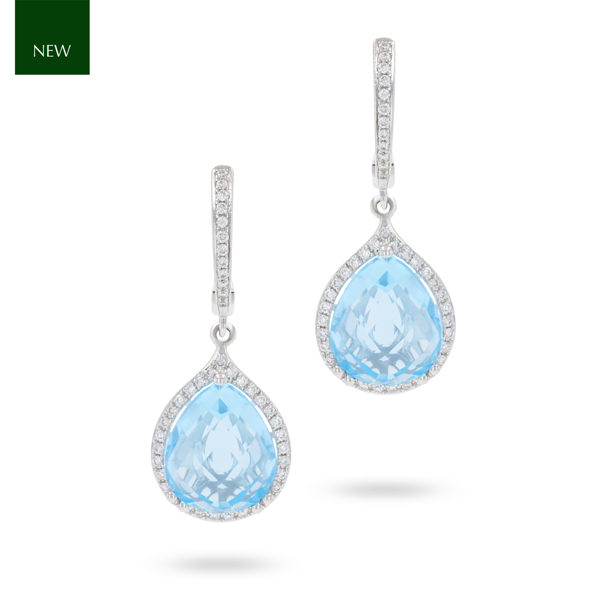 9ct White Gold Pear Shaped Blue Topaz & Diamond Halo Drop Earrings