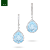 9ct White Gold Pear Shaped Blue Topaz & Diamond Halo Drop Earrings