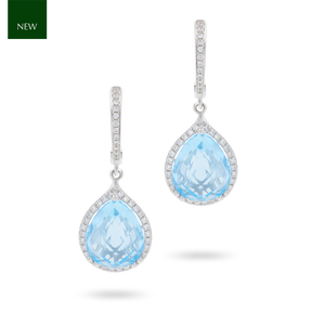 9ct White Gold Pear Shaped Blue Topaz & Diamond Halo Drop Earrings