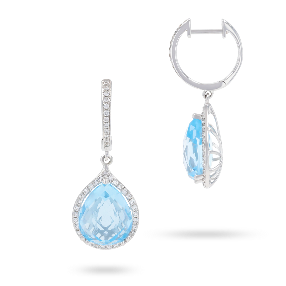 9ct White Gold Pear Shaped Blue Topaz & Diamond Halo Drop Earrings