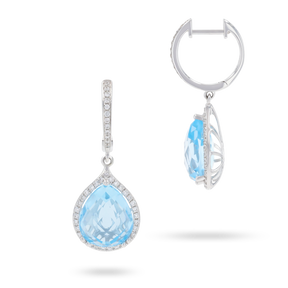 9ct White Gold Pear Shaped Blue Topaz & Diamond Halo Drop Earrings